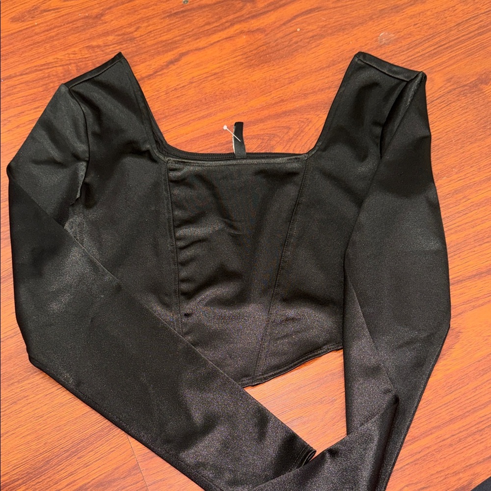 Divided Black Long-Sleeve Square Neck Crop Top